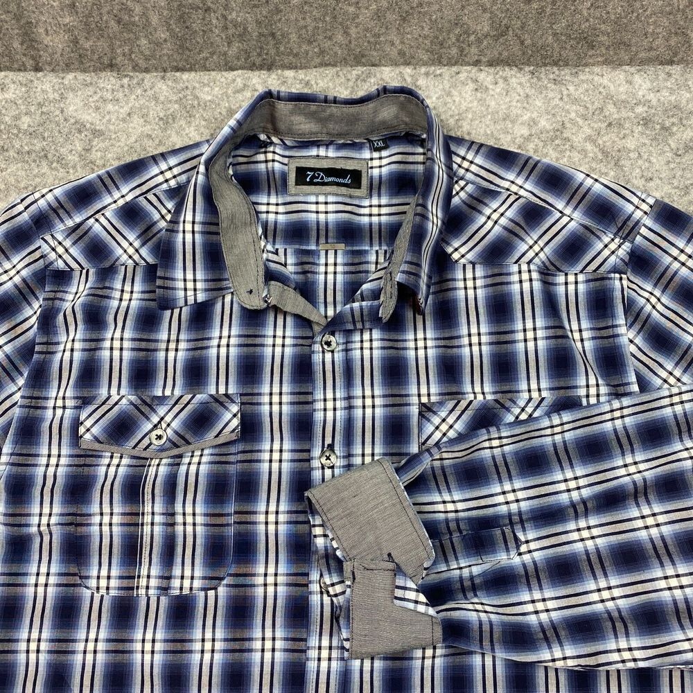 7 Diamonds Western Shirt XXL Blue Plaid Country‎ Cowboy Contrasting Flip Cuff
